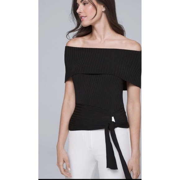White House Black Market Off Shoulder Tie Waist Ribbed Top - Picture 1 of 8